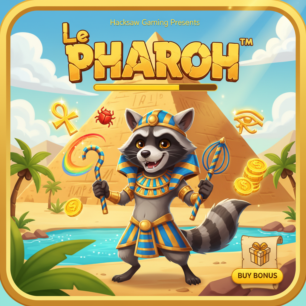Le Pharaoh Slot Screenshot mit Smokey dem Pharao-Waschbär und ägyptischem Hintergrund